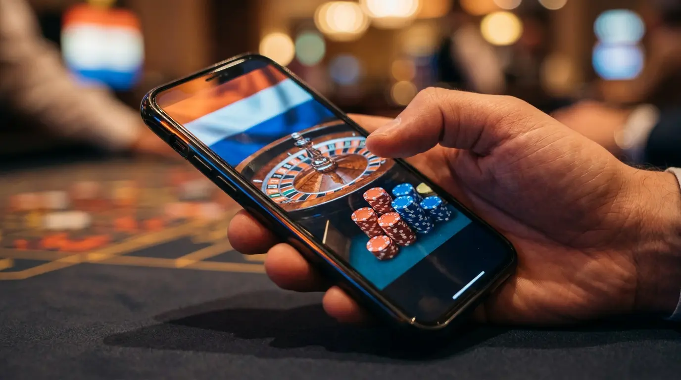 Mobiele telefoon met casino chips in oranje gloed