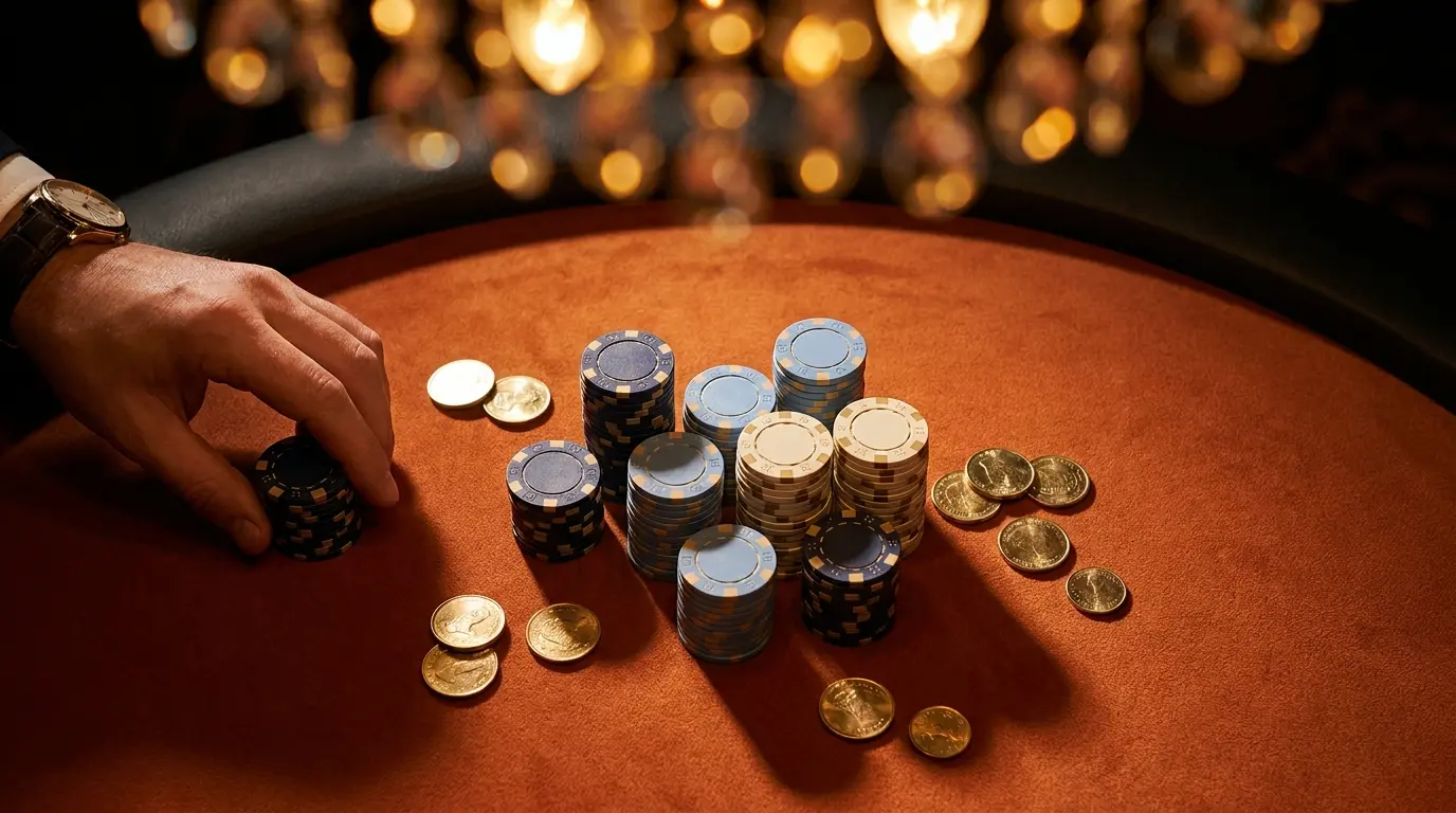 Casinofiches en munten op oranje tafel met warm licht