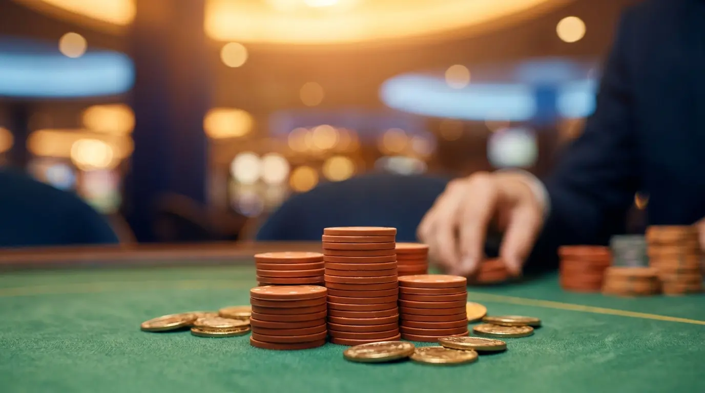 Oranje casinofiches en munten op groene tafel met warme verlichting