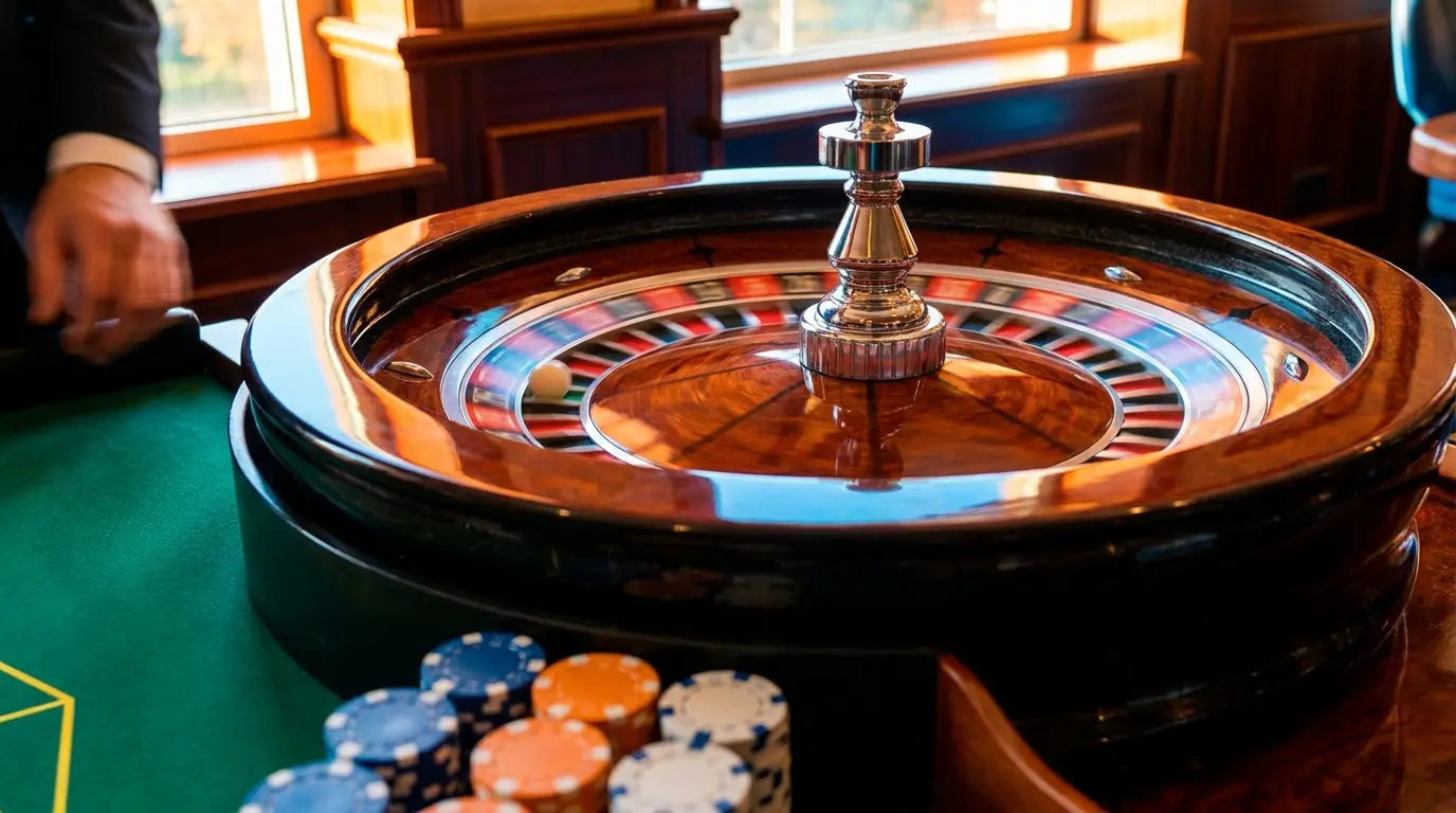 Roulette wiel met fiches op groen vilt in casino sfeer