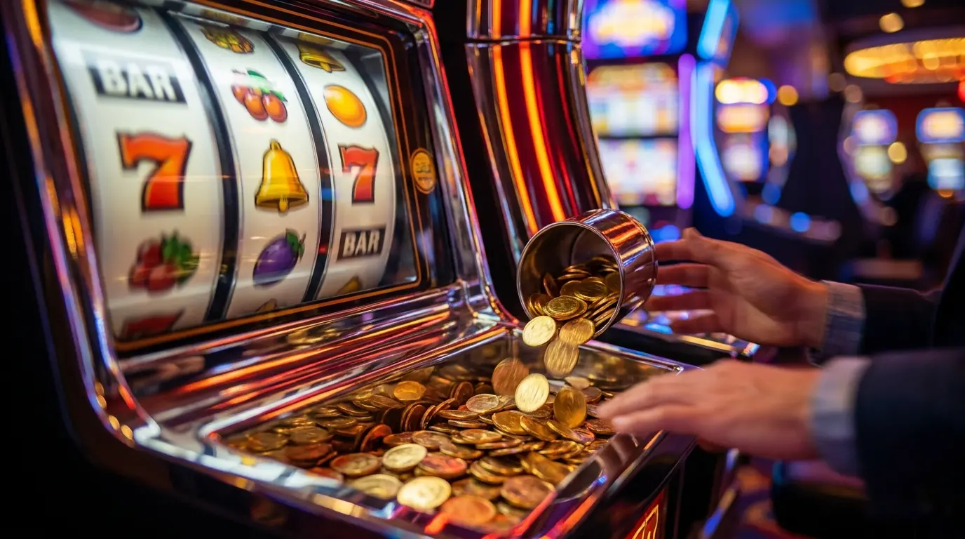 Draaiende gokkastrollen met vallende munten in casino sfeer
