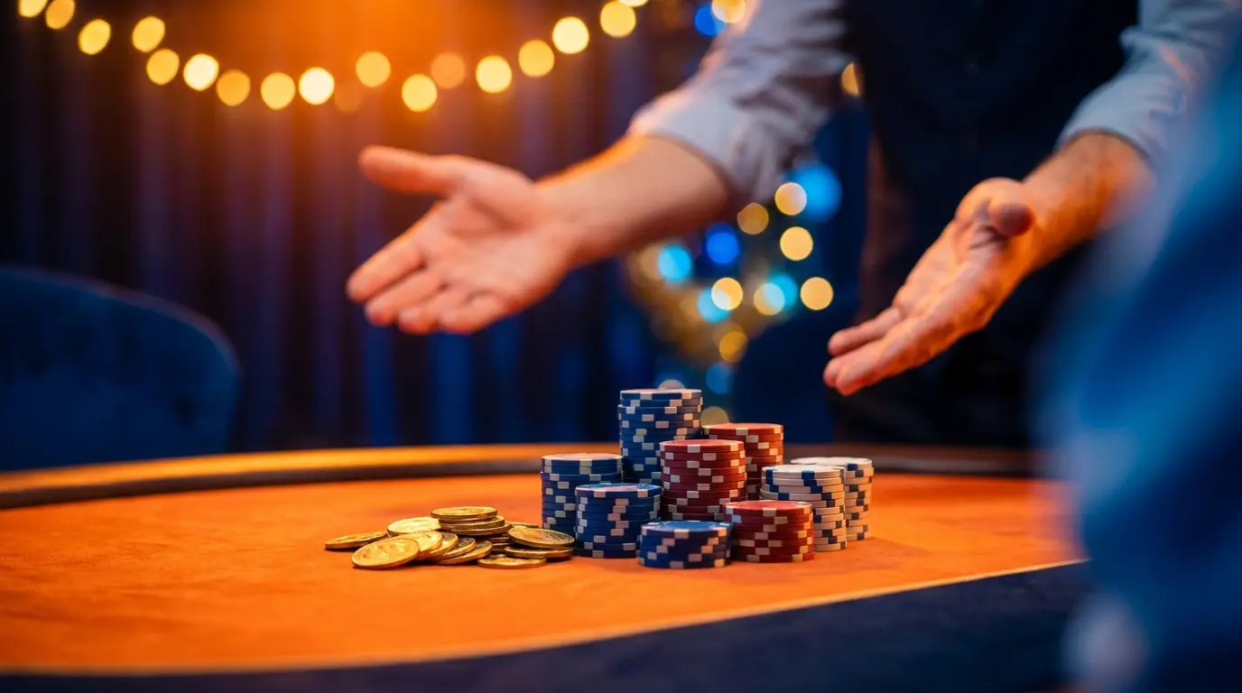 Casinofiches en munten op oranje tafel met feestelijke verlichting