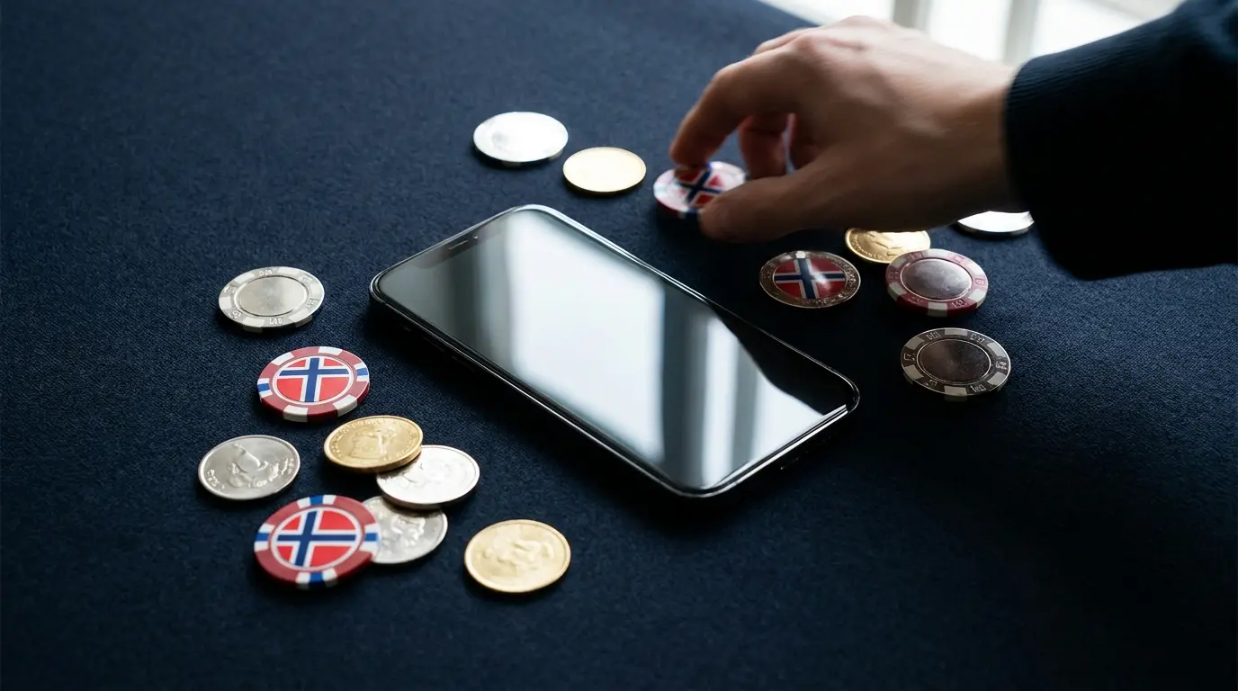 Mobiltelefon omgitt av kasinosjetonger i norske farger