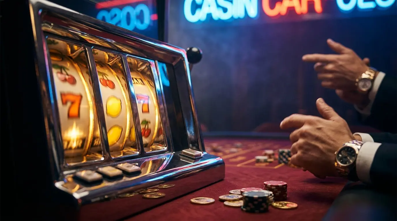 Spilleautomater med mynter og sjetong på kasinobord