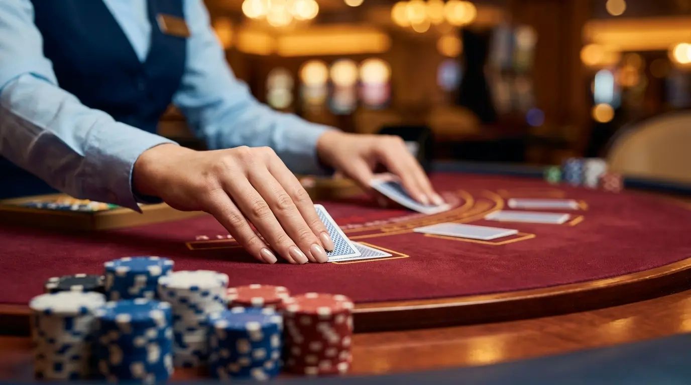 Blackjack-bord med ekte dealer som deler kort og kasinomarker