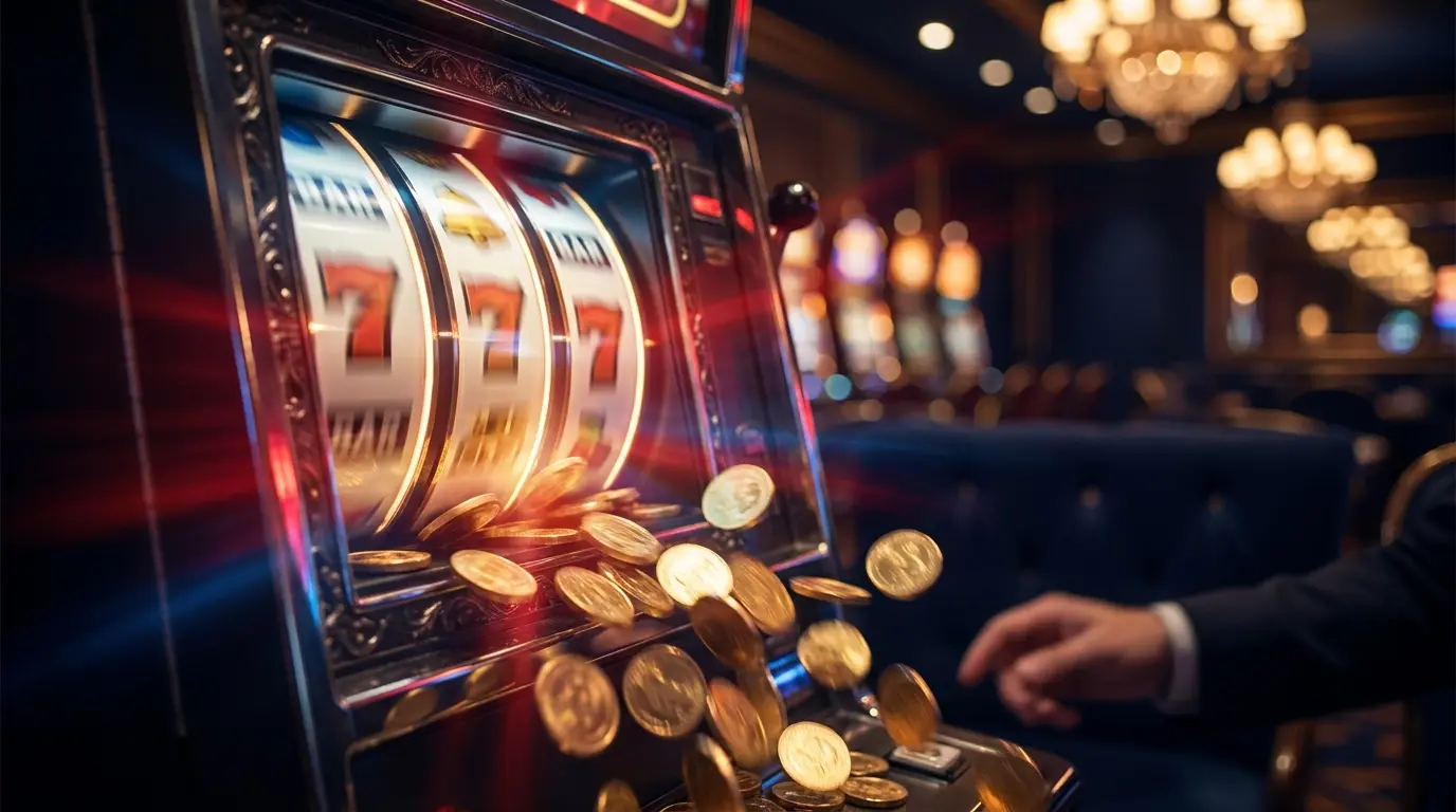 Spilleautomater med gullmynter i norsk casino-atmosfære