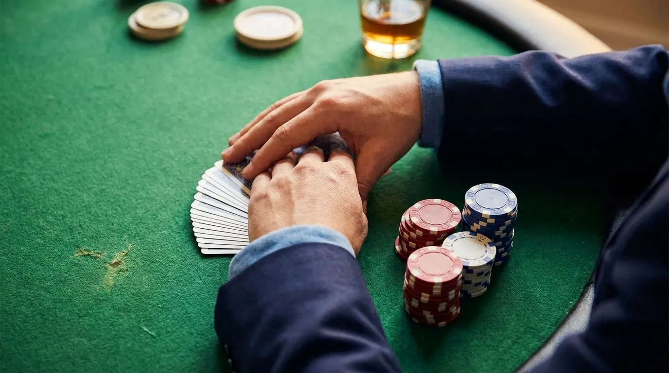 Pokerkort og sjetonger på grønt bord i kasinobelysning