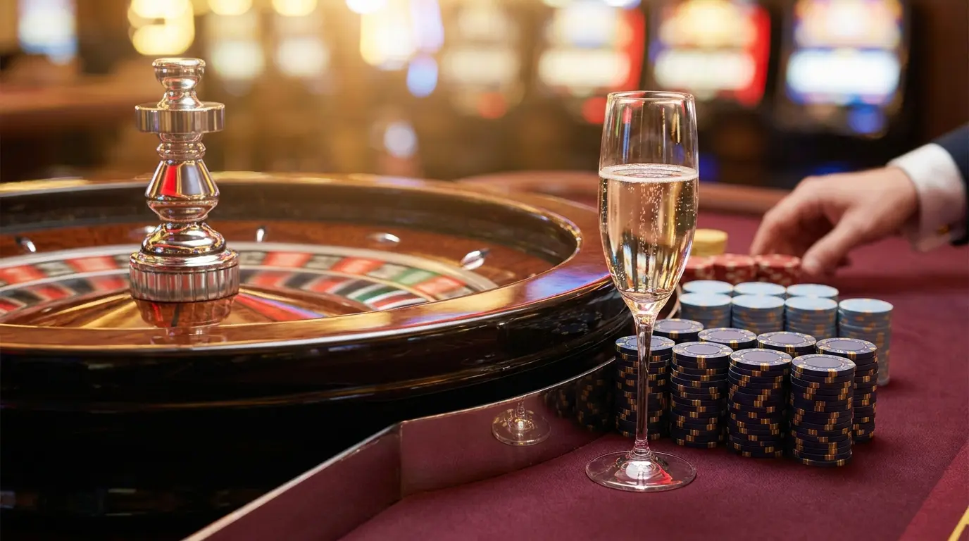 Ruletthjul i bevegelse med champagne og premiumbrikker
