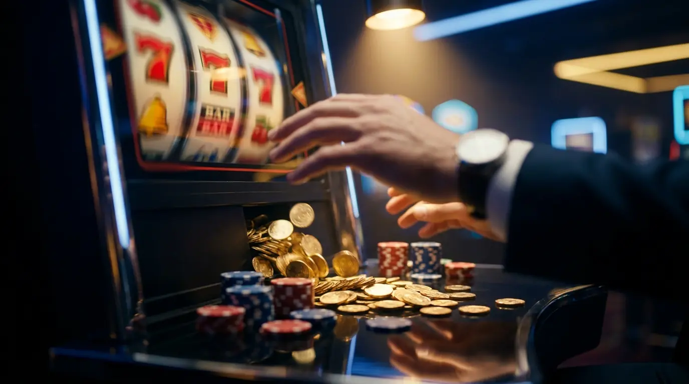 Spilleautomater med gullmynter og kasinobrikker i neonlys