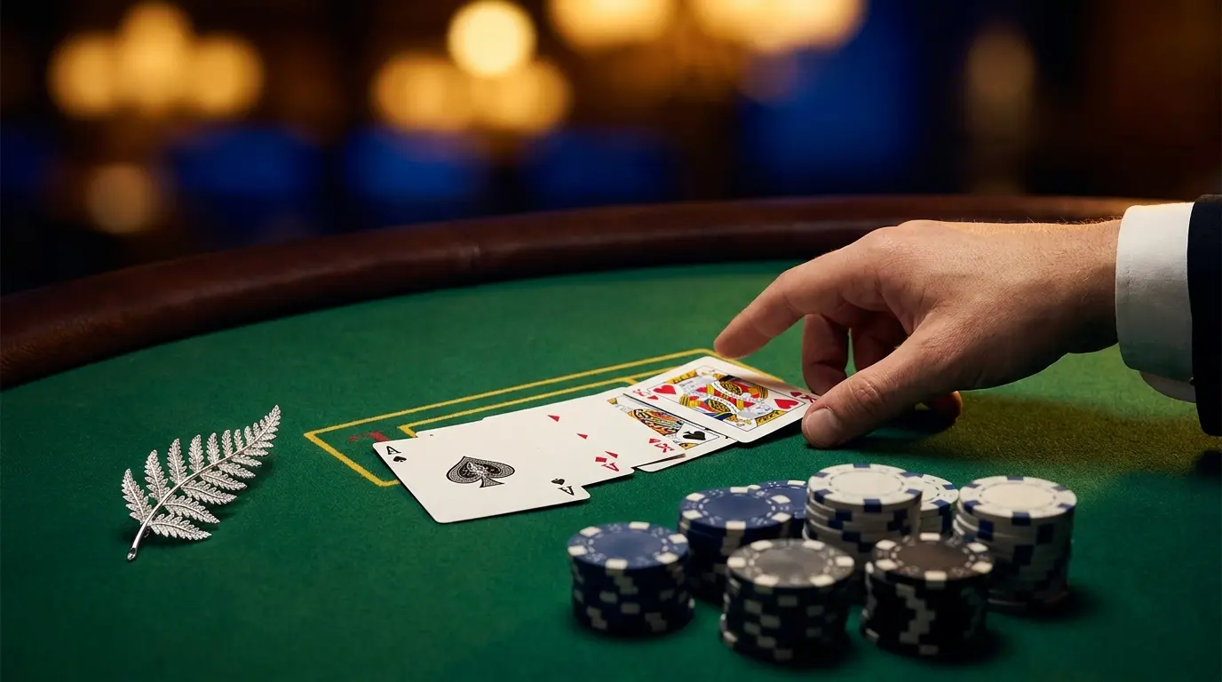 Blackjack cards and casino chips on green felt with New Zealand fern