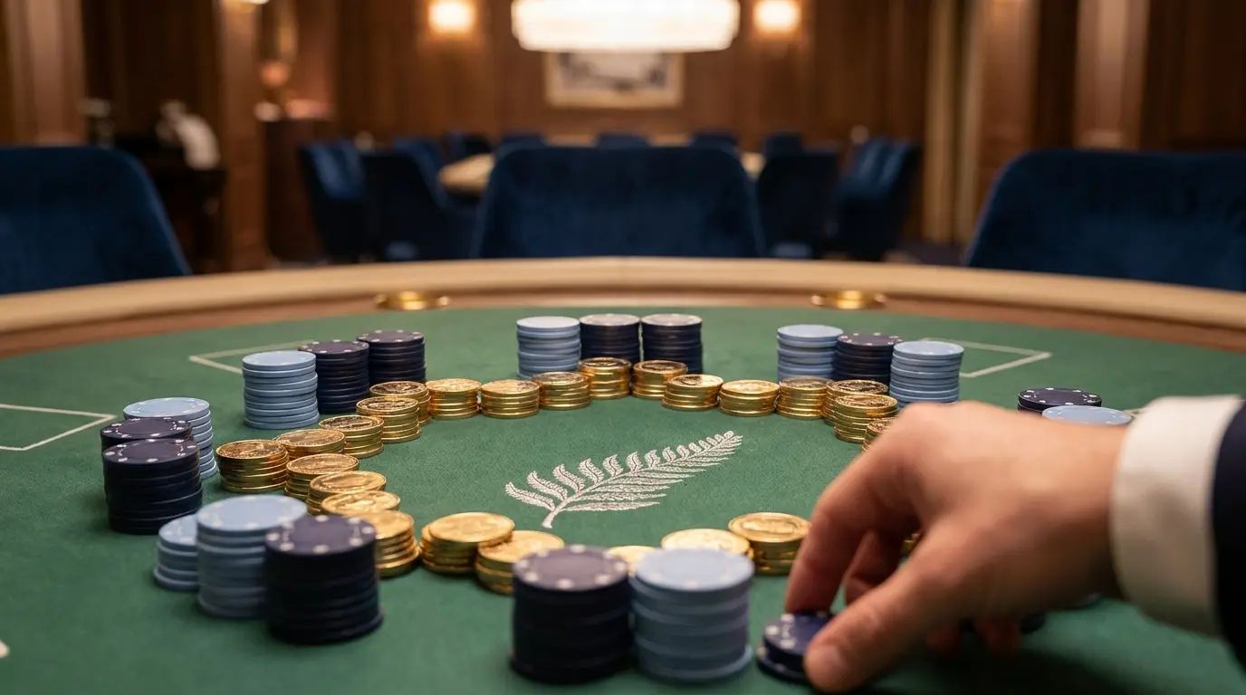 Casino chips and coins with New Zealand fern on green felt table