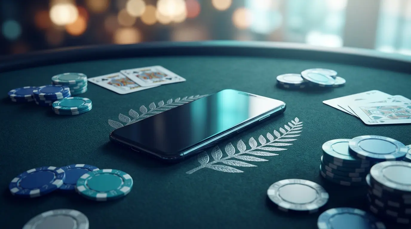 Smartphone on casino felt with chips and New Zealand silver fern