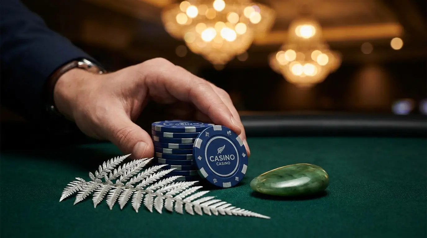 Casino chips with New Zealand silver fern and jade stone on felt