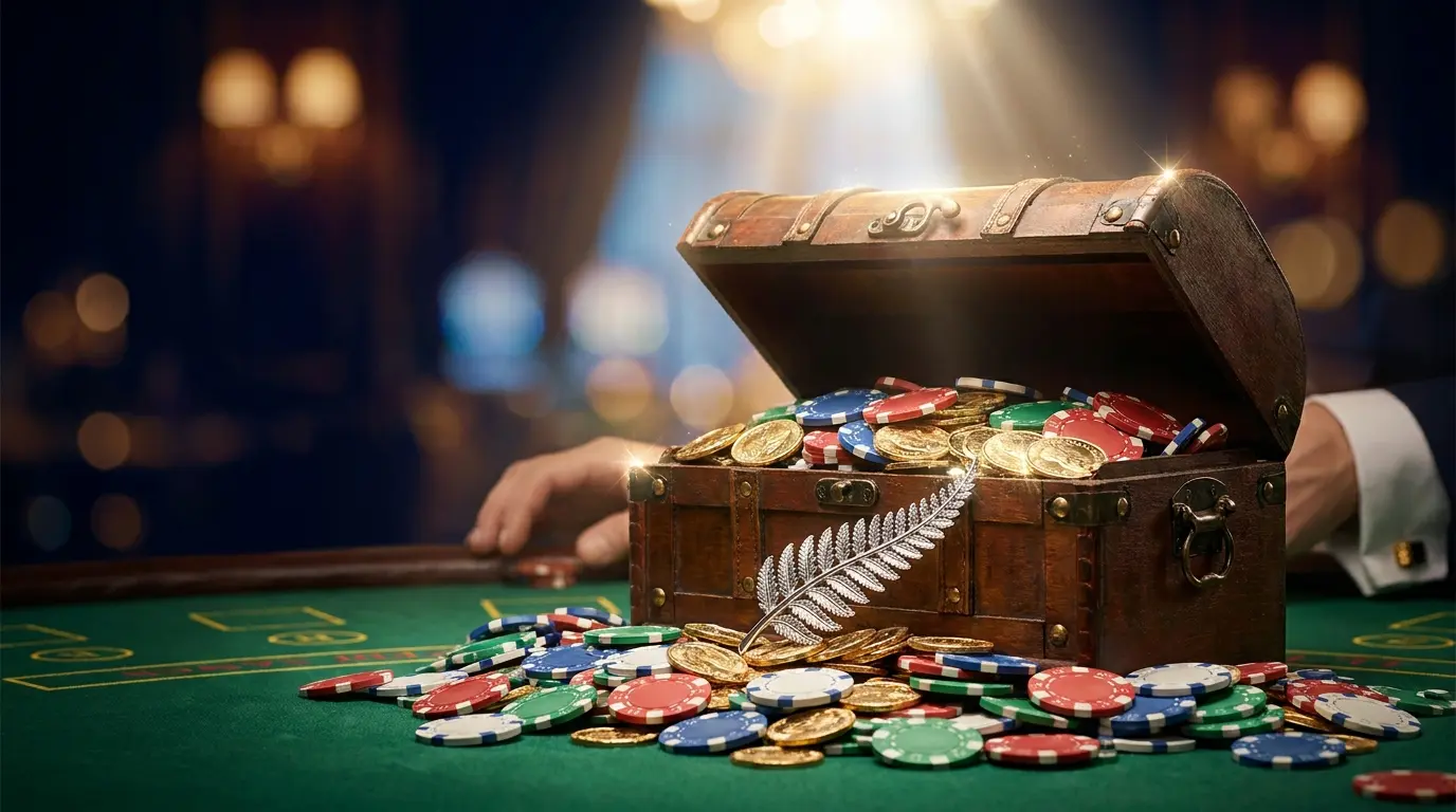 Casino chips and gold coins spilling from treasure chest with fern