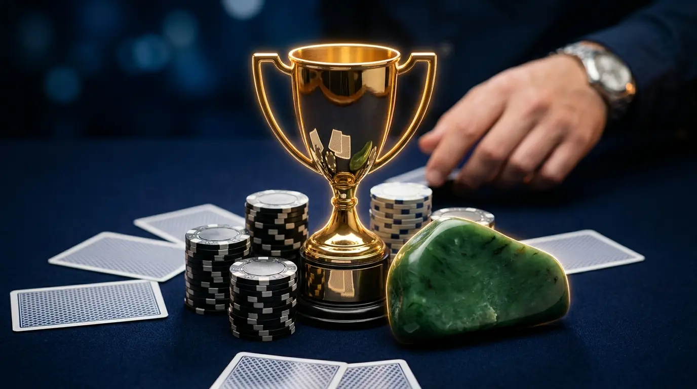 Trophy with poker chips, cards and jade in casino setting