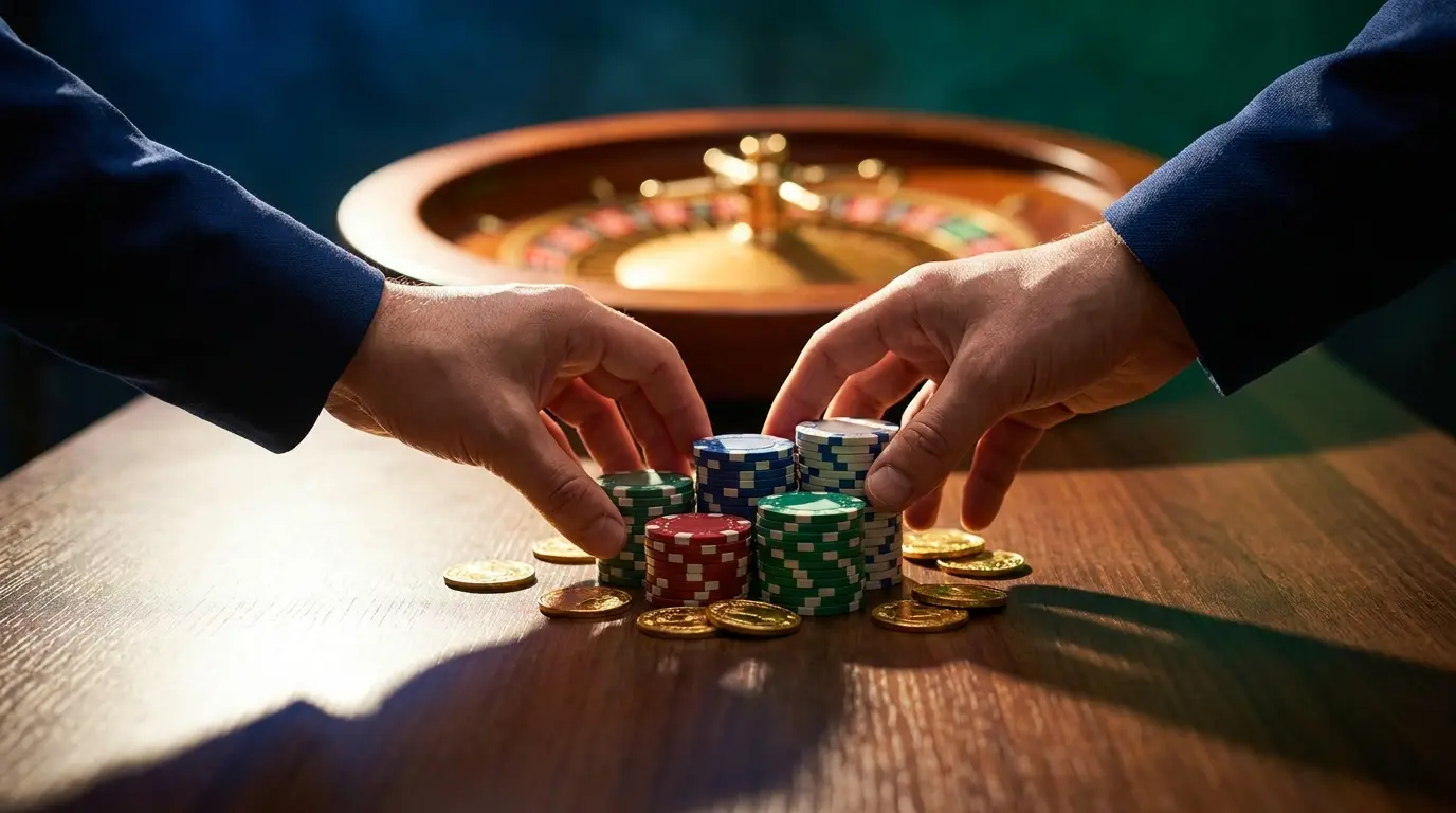Hand collecting casino chips with cashback coins and roulette wheel