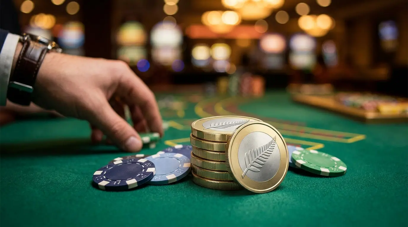 Five dollar coins stacked with poker chips on casino felt