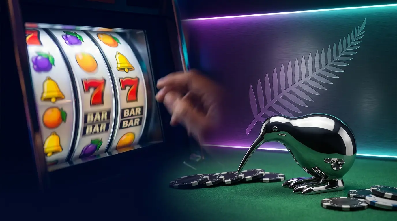Slot machine reels spinning with kiwi bird and poker chips arrangement