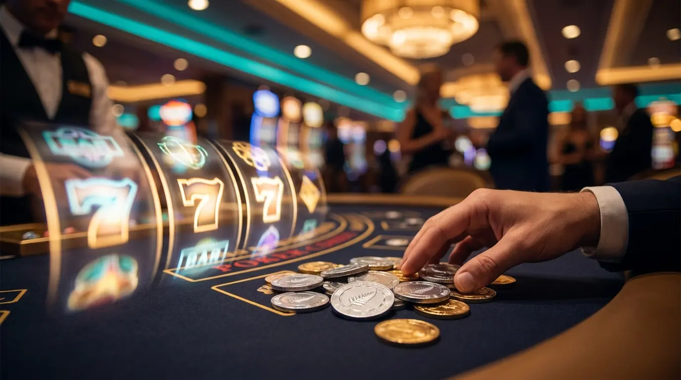Spinning slot reels with poker chips and New Zealand fern design
