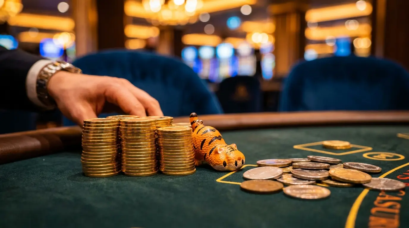Casino chips with tiger charm on green felt under warm lighting