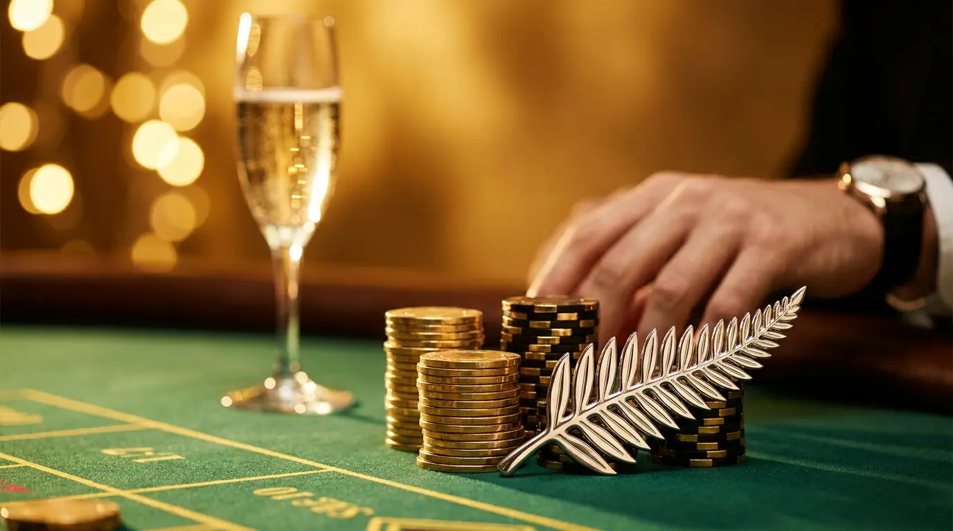 Luxury casino chips with New Zealand silver fern on elegant felt