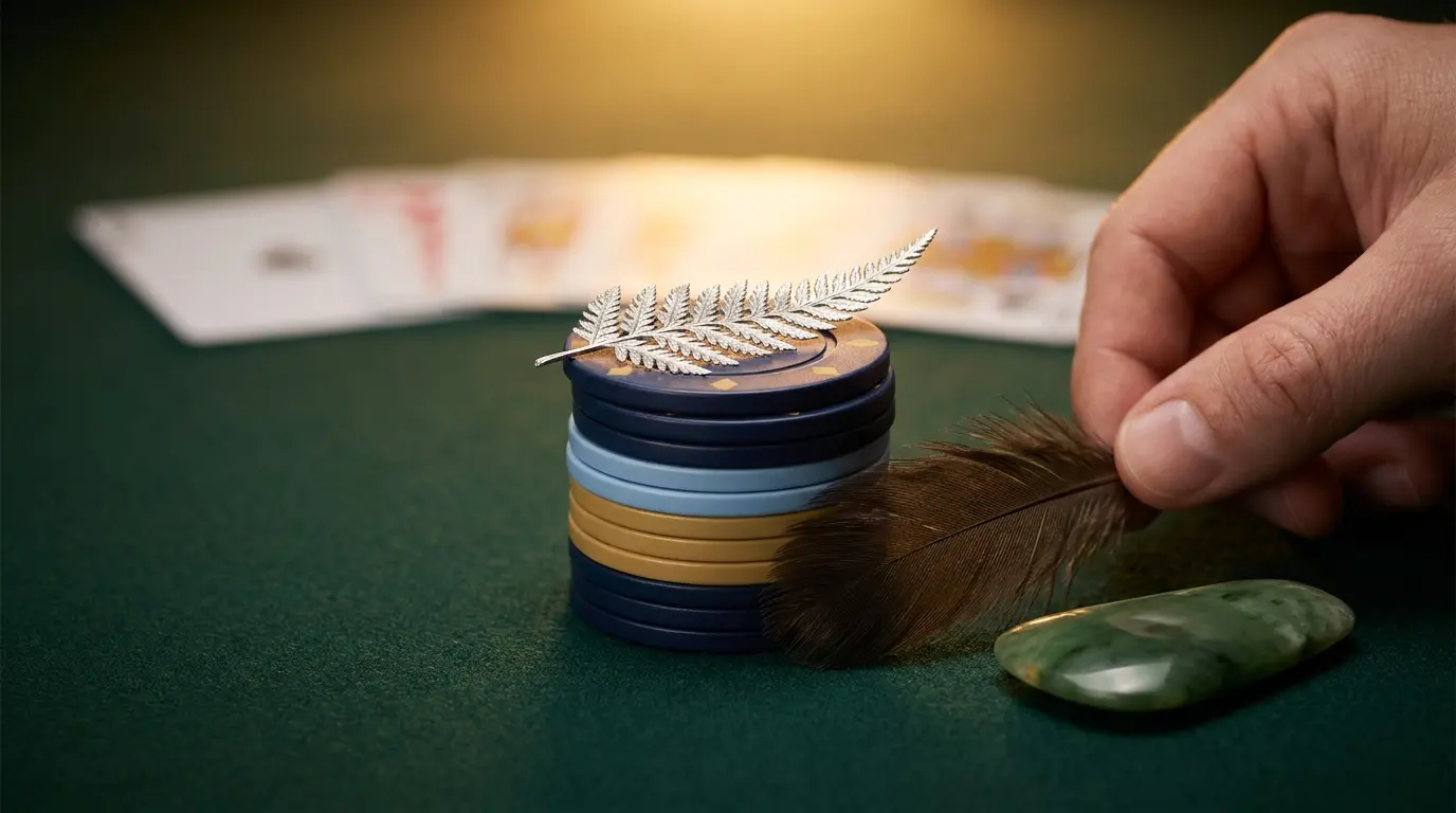 Casino chips with New Zealand silver fern on green felt table