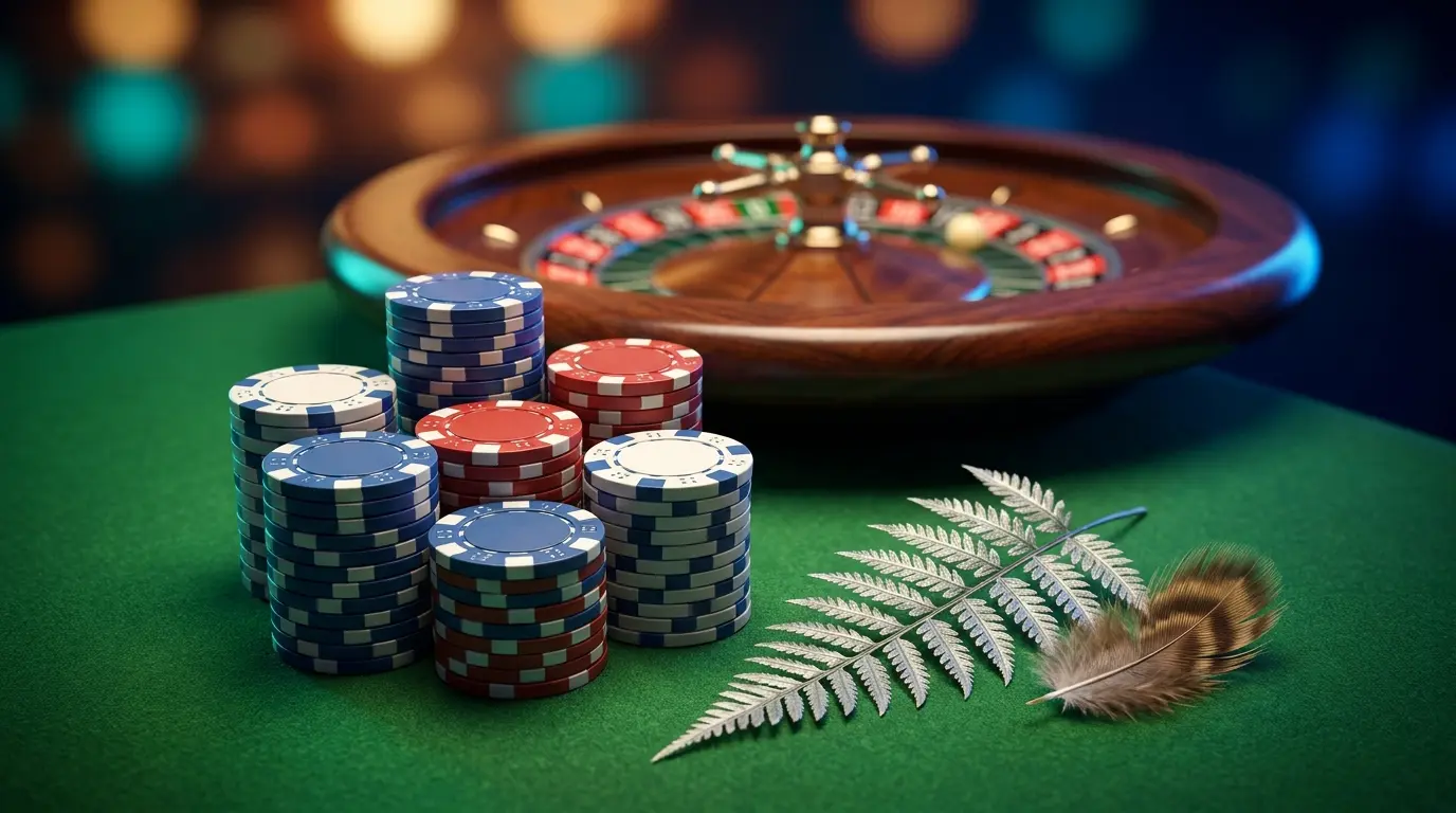 Casino chips and New Zealand silver fern on gaming table