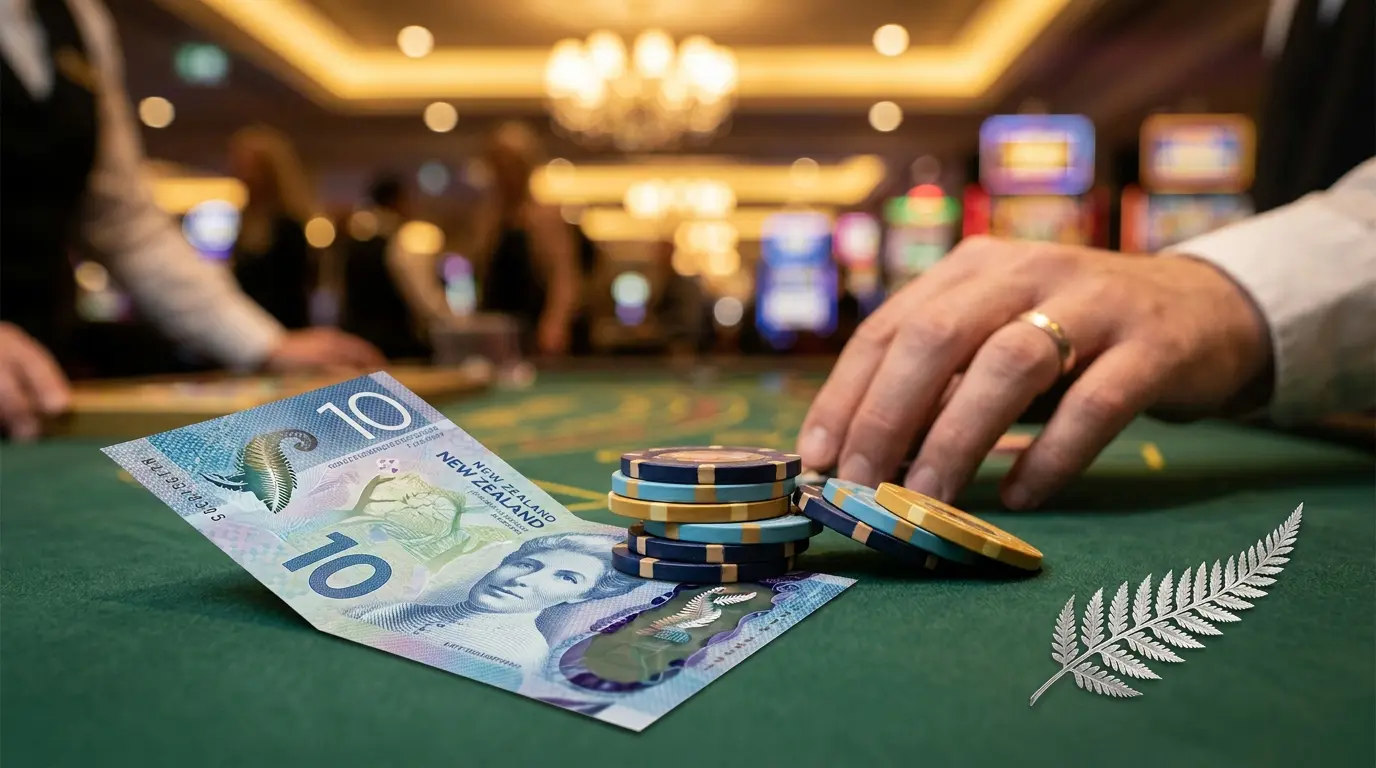 Casino chips with New Zealand fern on gaming table