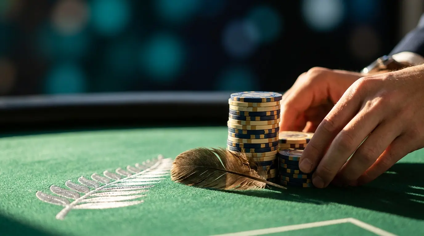 Casino chips and New Zealand cultural symbols on gaming table