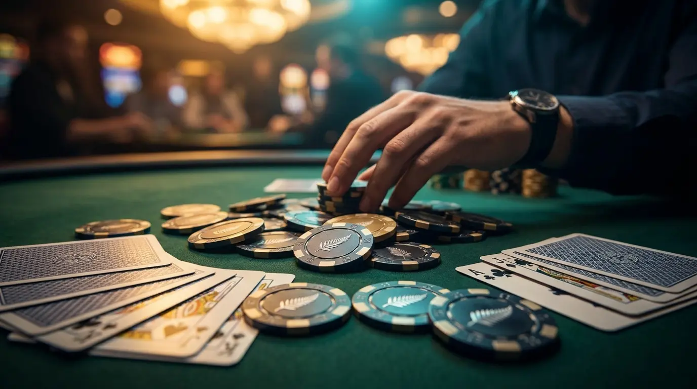 Casino chips and cards on felt table with New Zealand fern detail