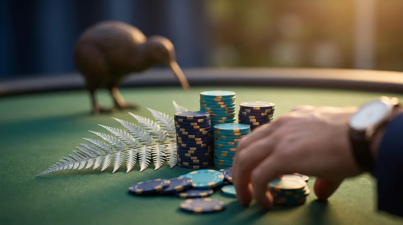 Casino chips with New Zealand silver fern on gaming table