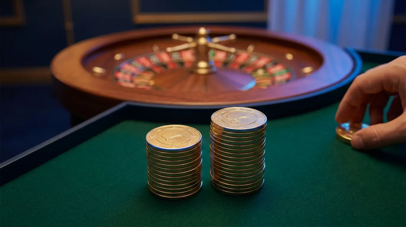 Stacked casino chips with kiwi emblem and roulette wheel background