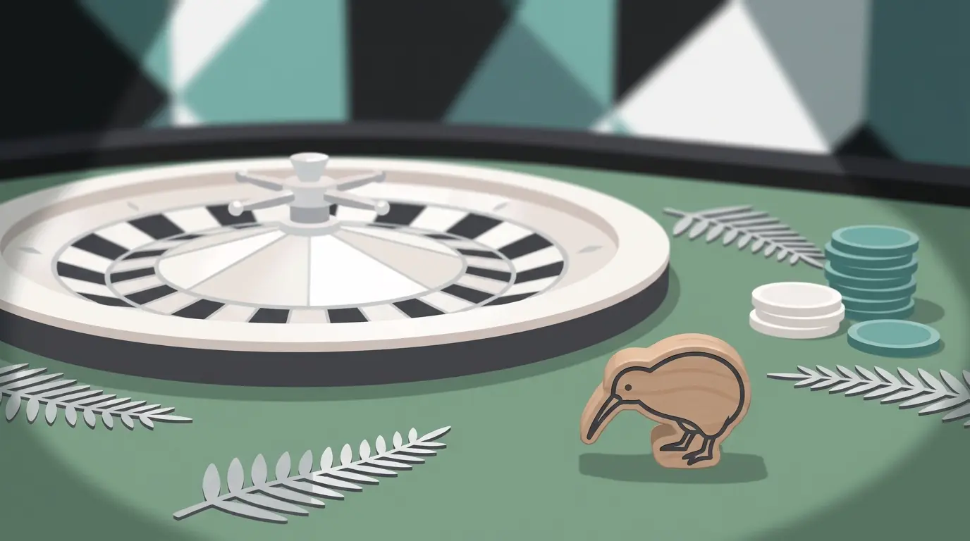 Roulette wheel with New Zealand silver fern and casino elements