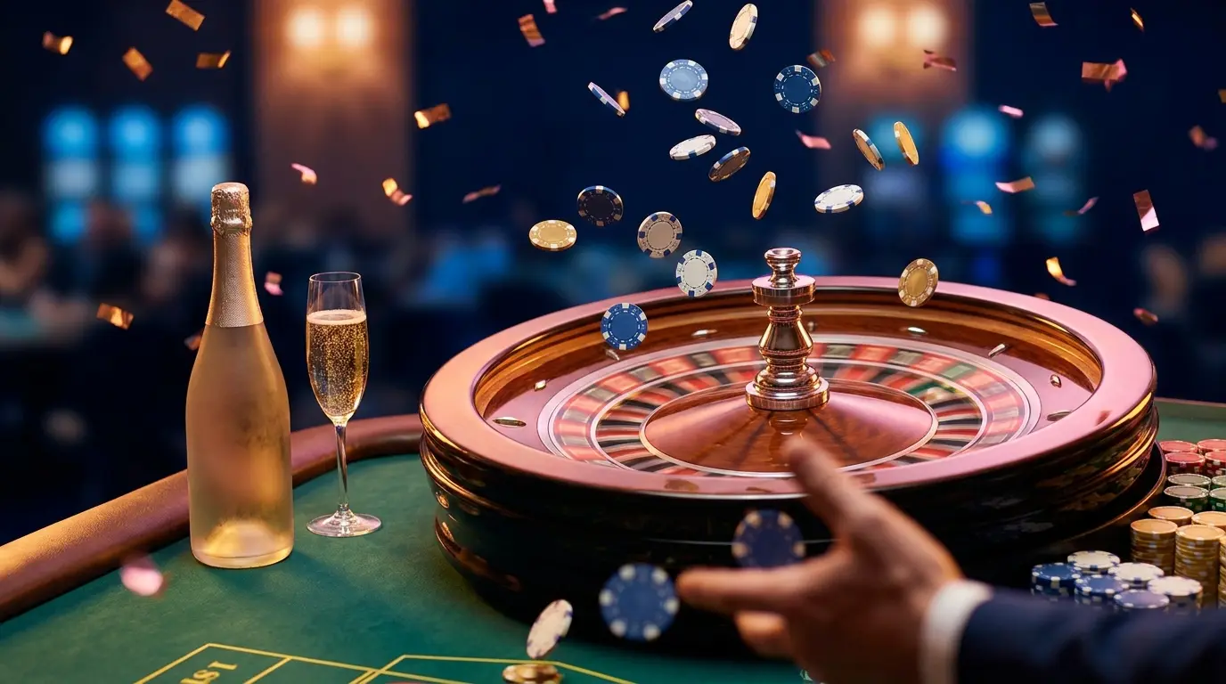 Spinning roulette wheel with chips celebrating casino promotions