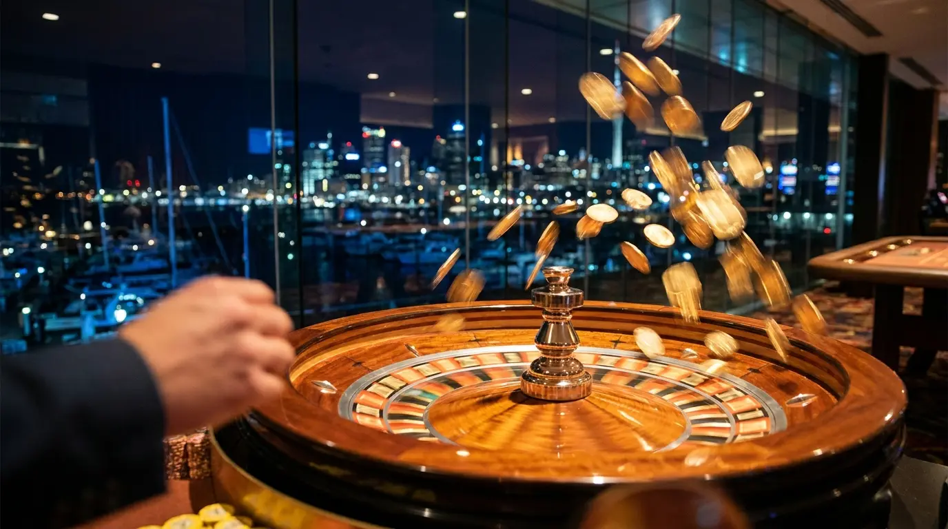 Roulette wheel with cascading coins and New Zealand skyline