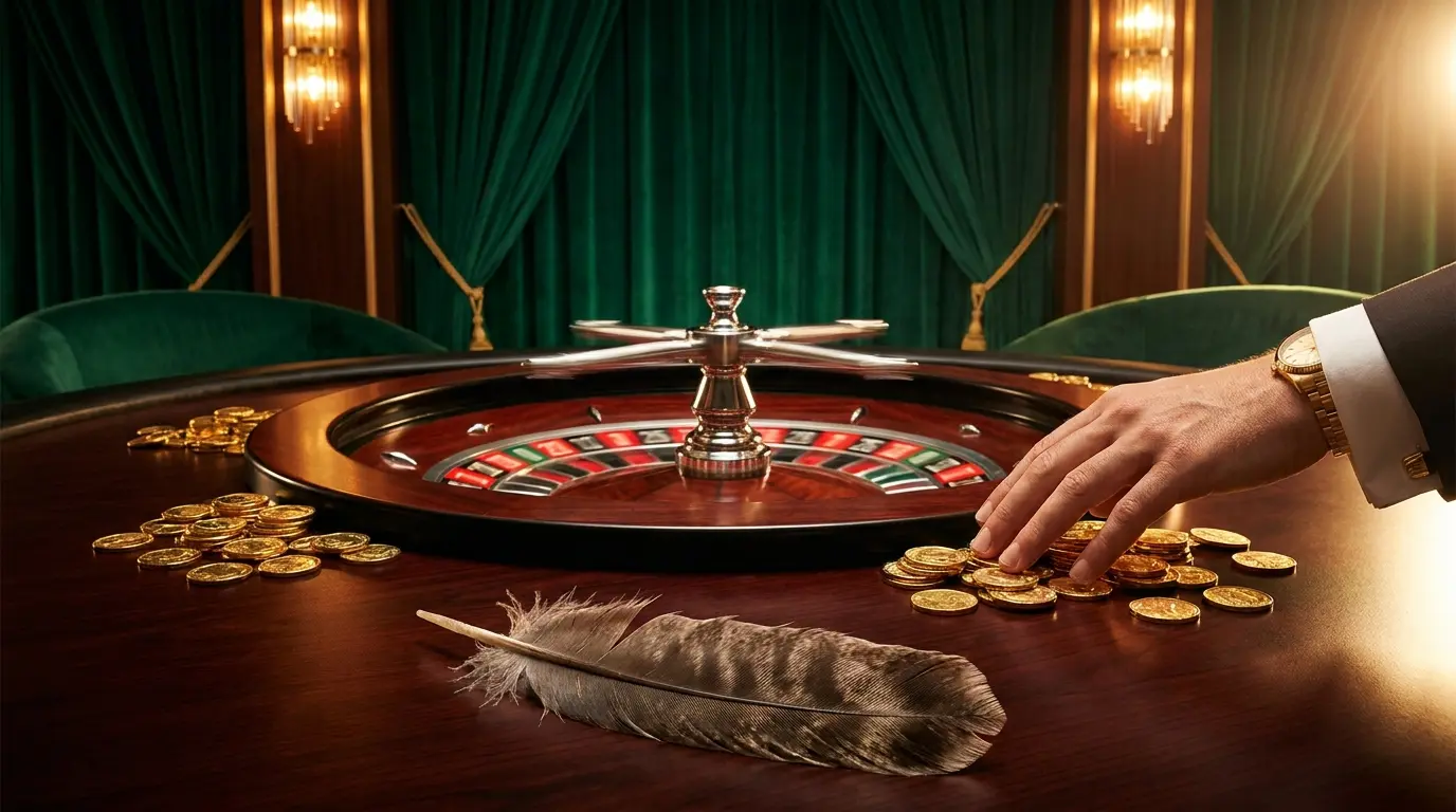 Spinning roulette wheel with gold coins and kiwi feather accent