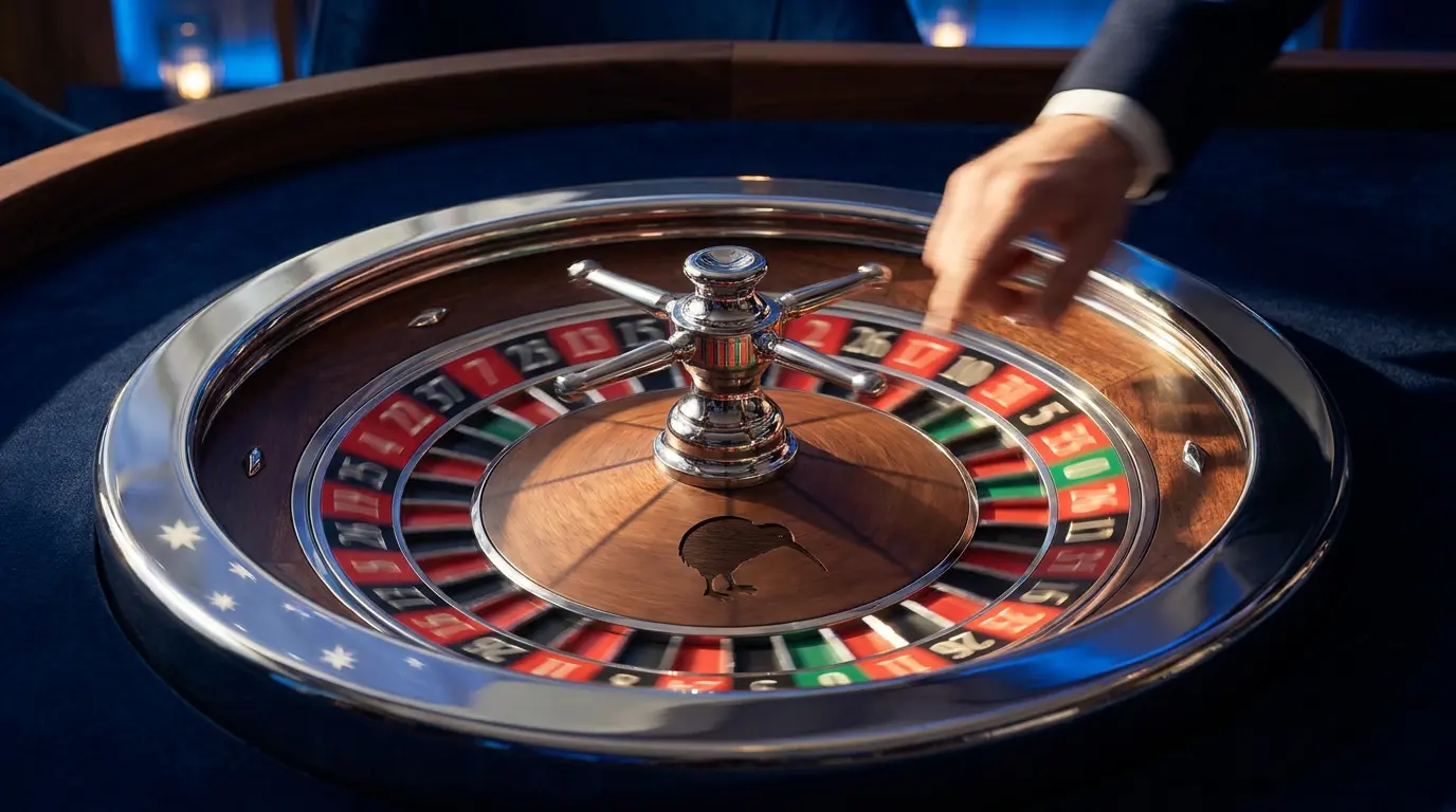 Spinning roulette wheel with New Zealand kiwi bird engraving detail