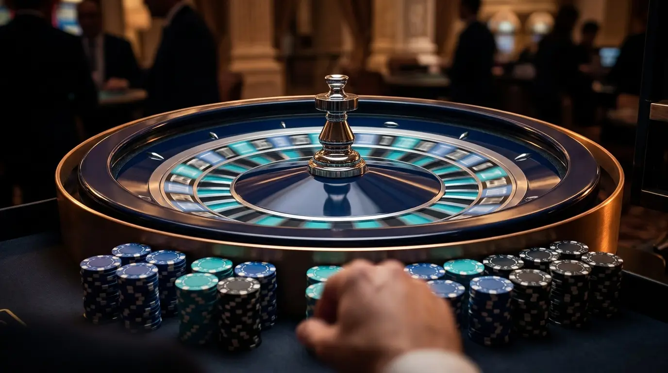 Spinning roulette wheel with poker chips in casino setting