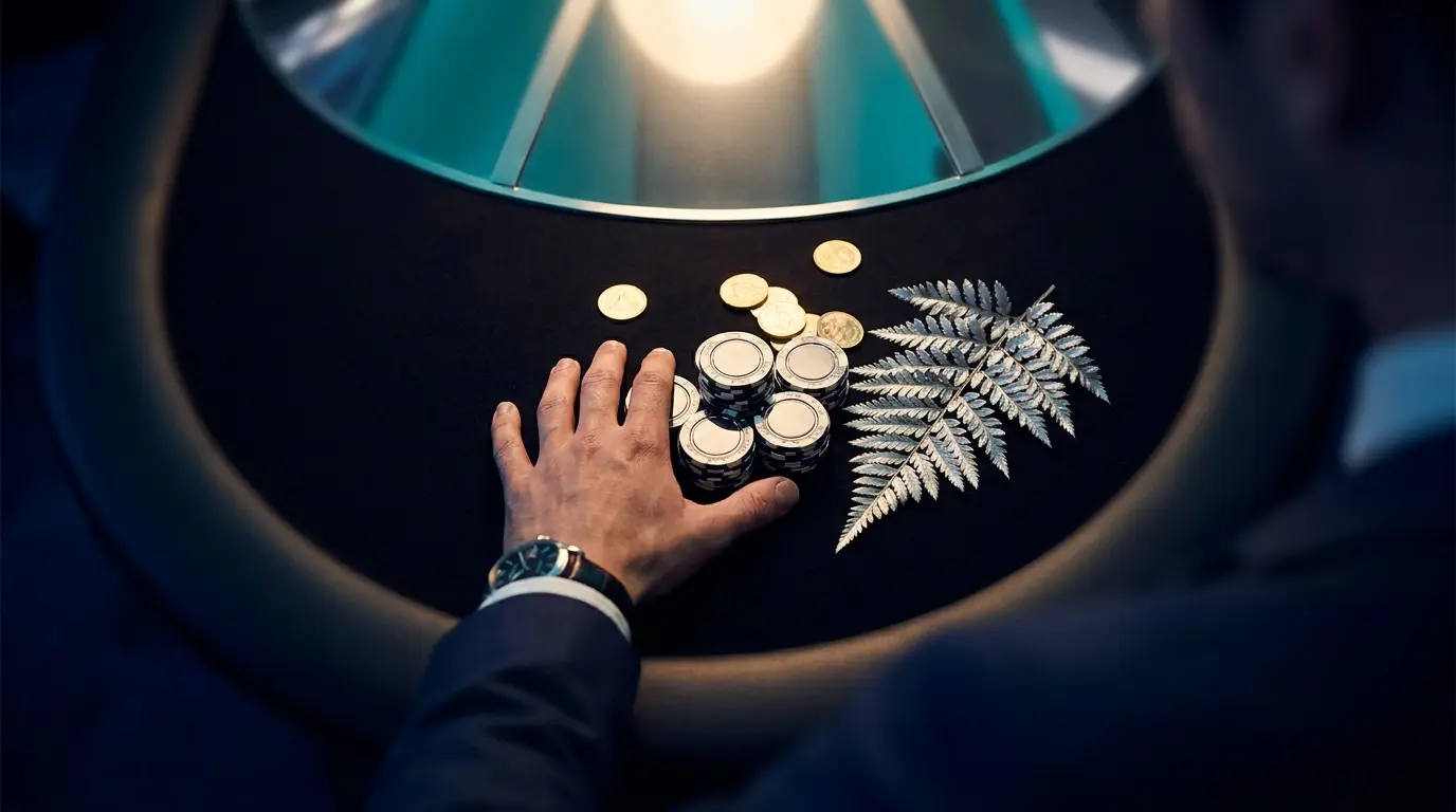 Silver casino chips and coins with New Zealand fern on gaming table