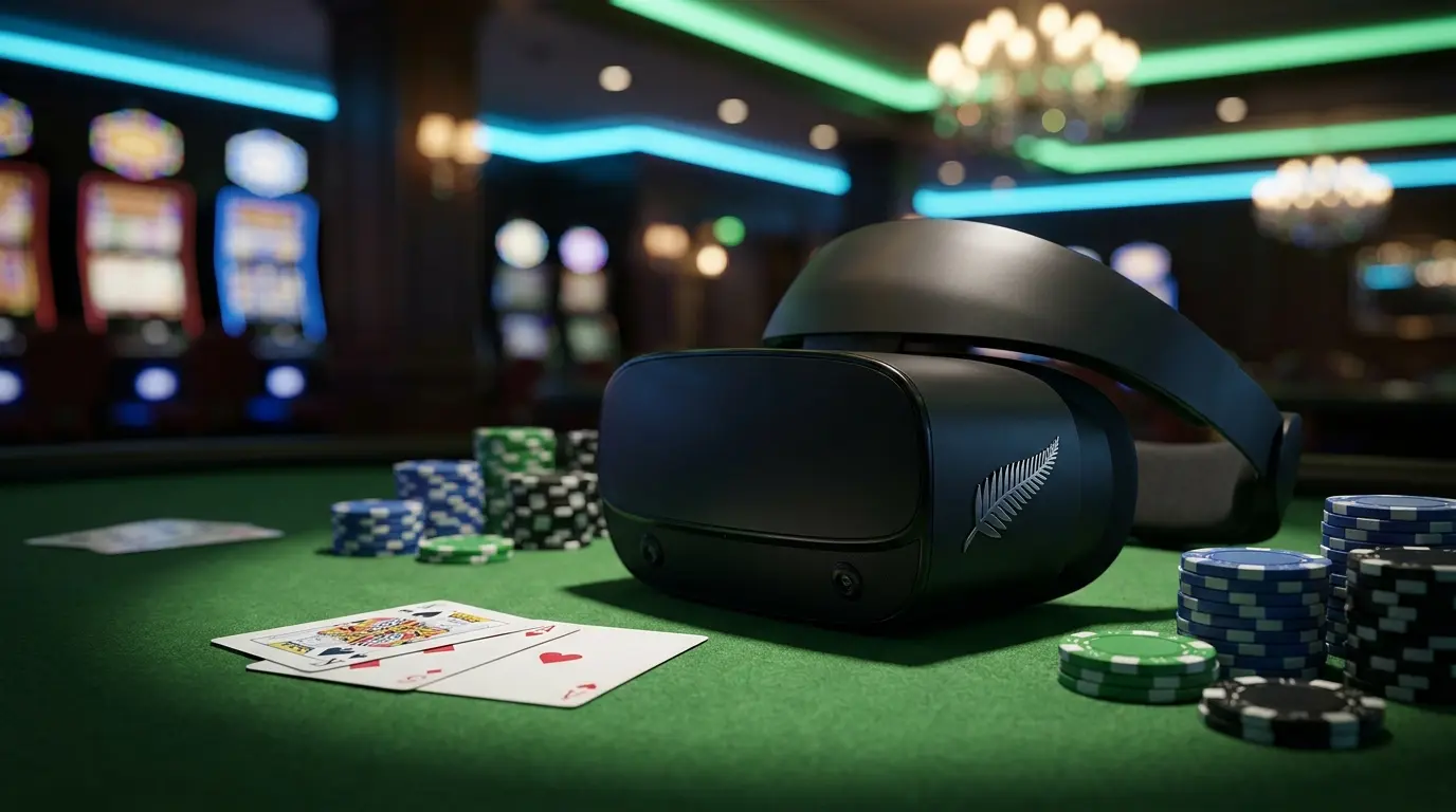VR headset with casino chips and New Zealand fern on gaming table