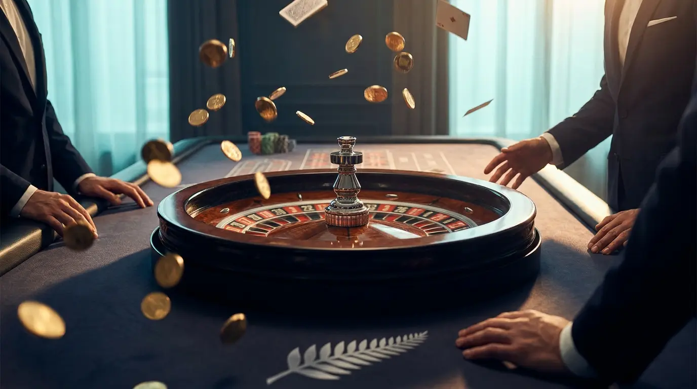Dynamic casino gaming scene with roulette wheel and flying cards