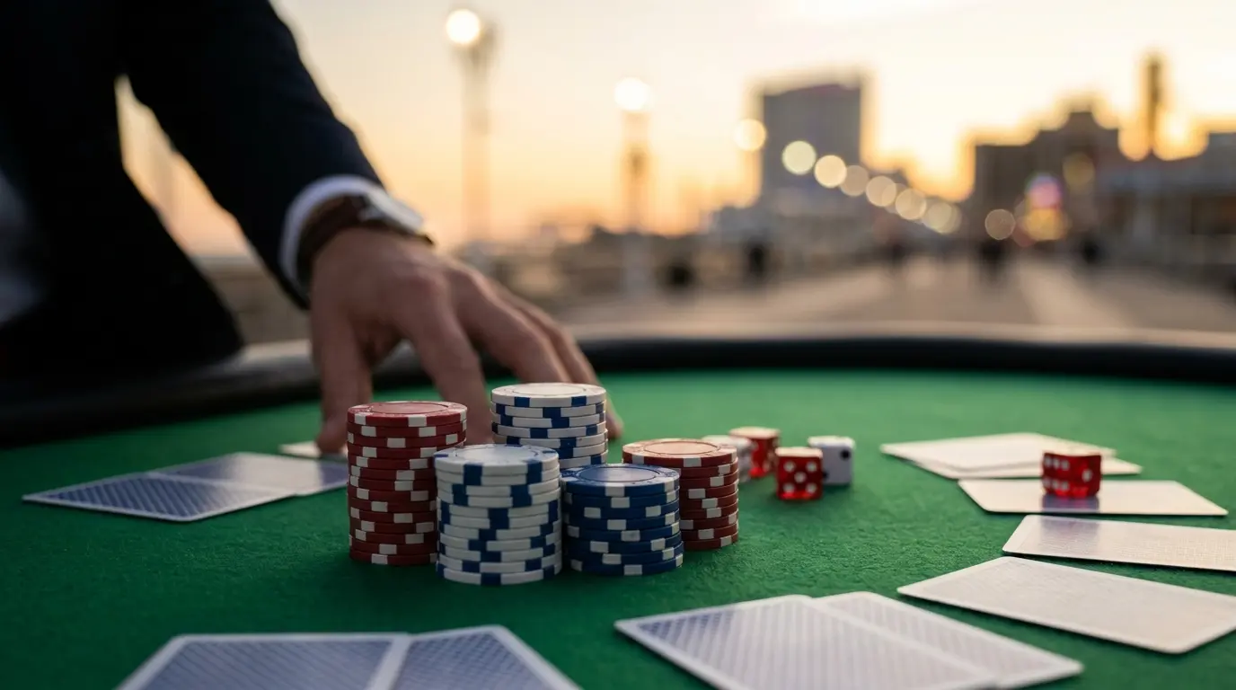 Fichas de casino y cartas con el horizonte de Atlantic City