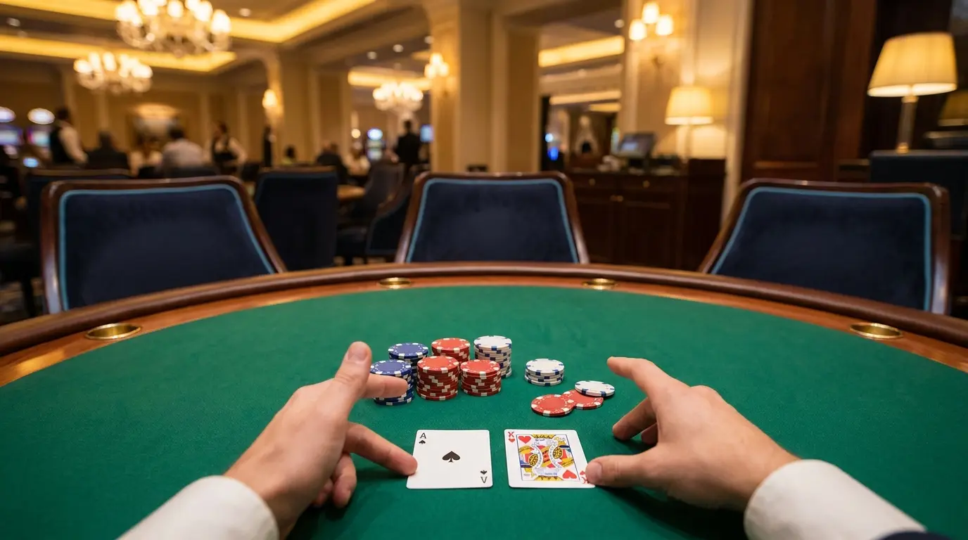 Mesa de blackjack con cartas y fichas de casino en Perú