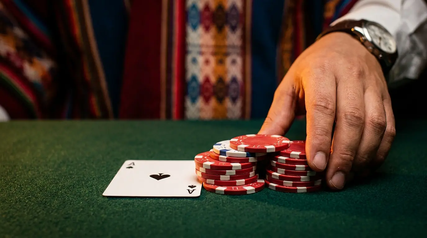 Fichas de casino y naipes en mesa de juego real