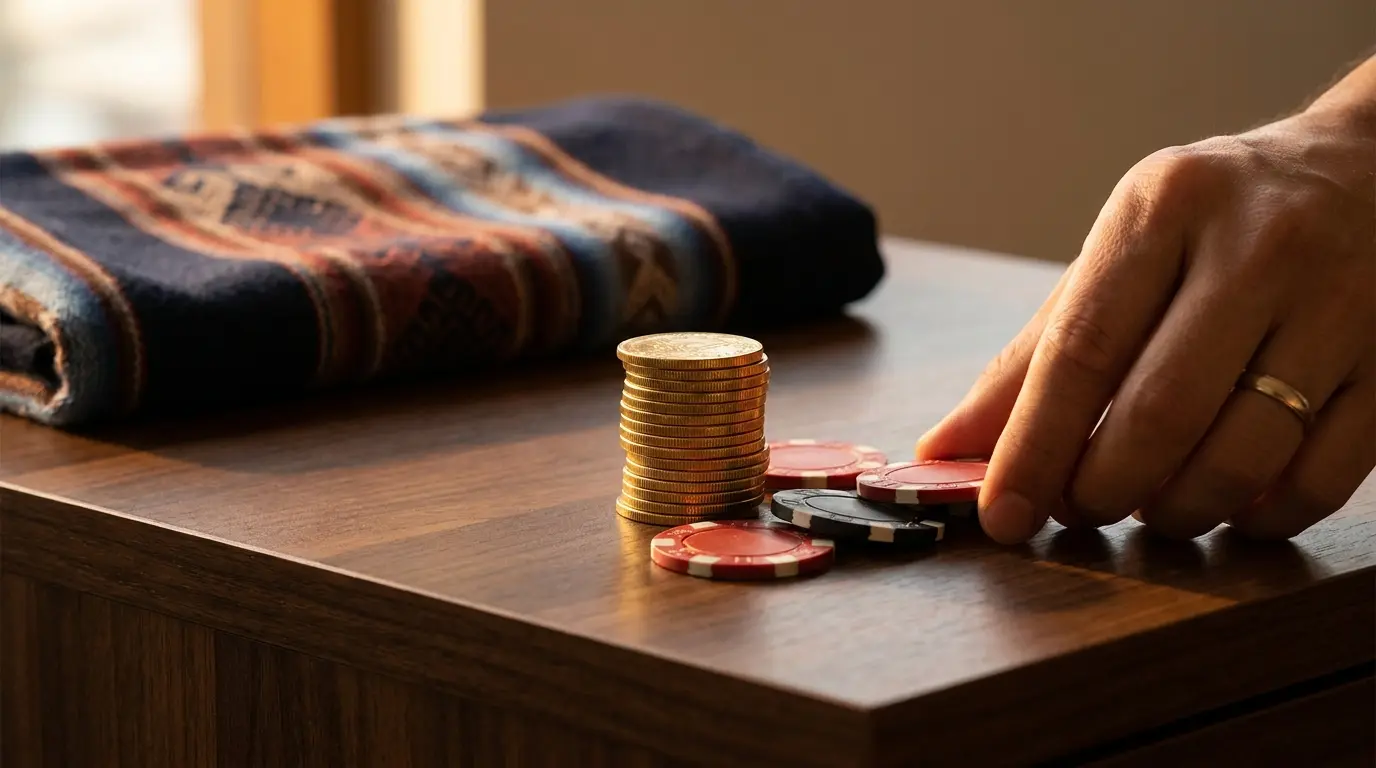 Fichas de casino y monedas con textil peruano tradicional