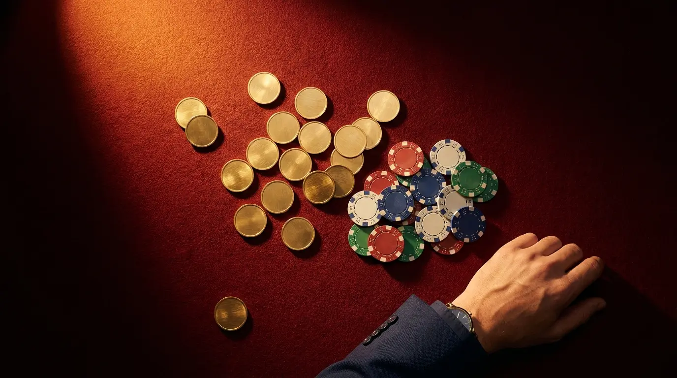 Veinte monedas doradas con fichas de casino en fieltro rojo