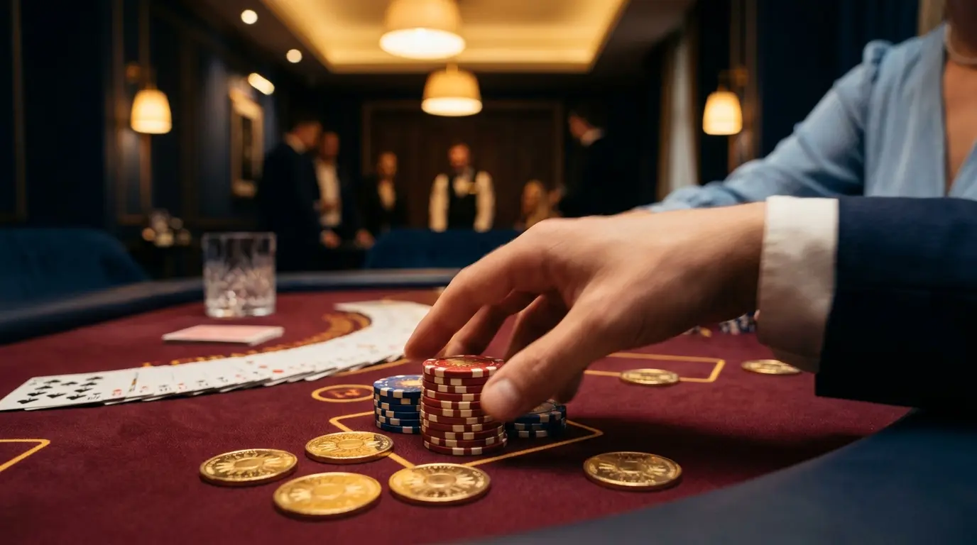 Fichas de casino y monedas sobre mesa de póker con iluminación cálida