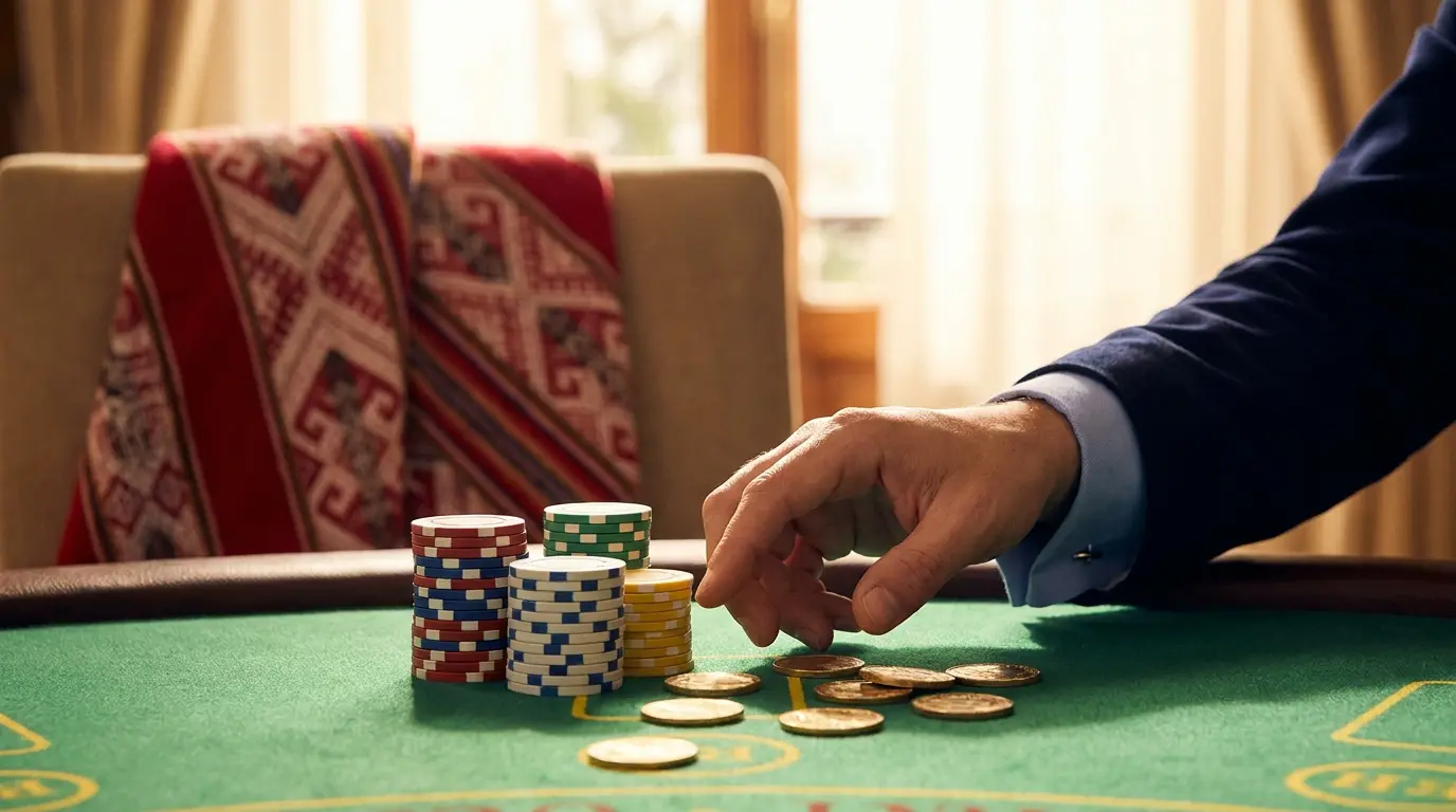 Fichas de casino con colores peruanos y monedas doradas