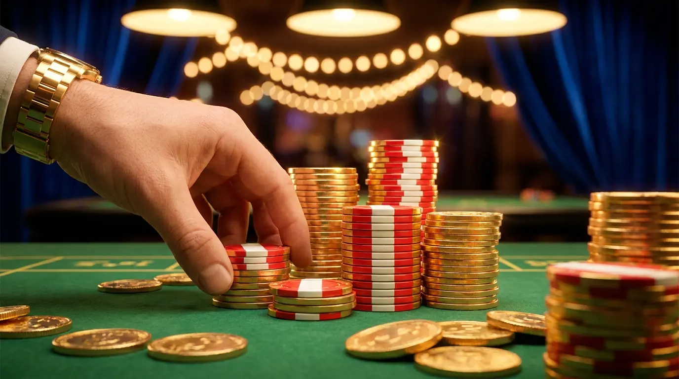 Fichas de casino doradas con colores peruanos y monedas brillantes