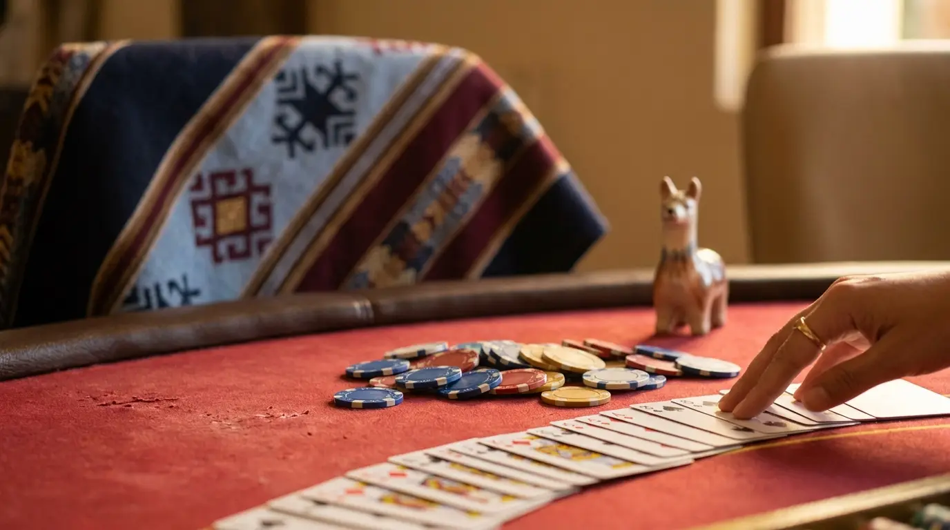 Fichas de casino y cartas sobre mesa con textiles peruanos tradicionales